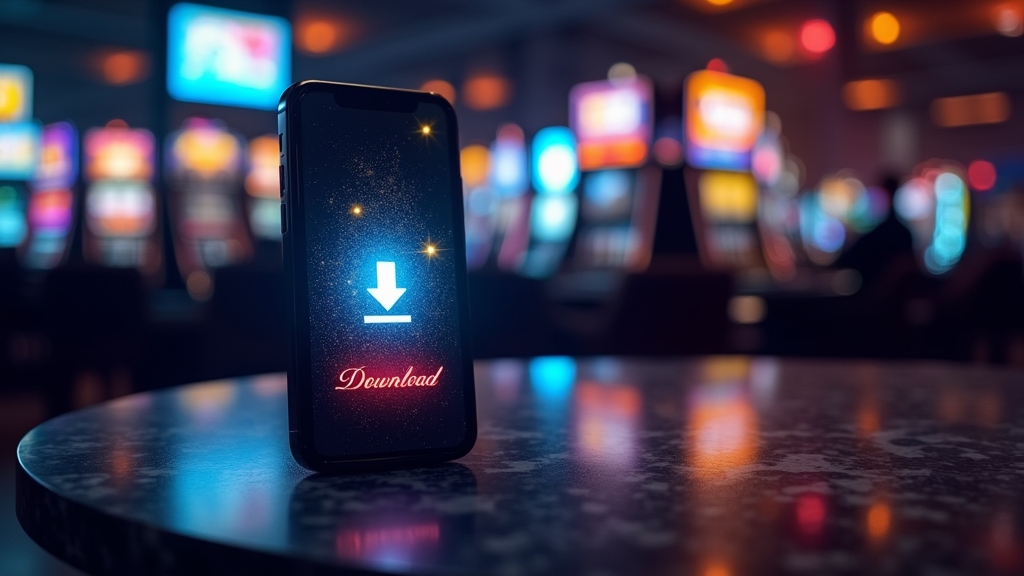 Celular exibindo o download do app em ambiente de cassino escuro e iluminado por neon