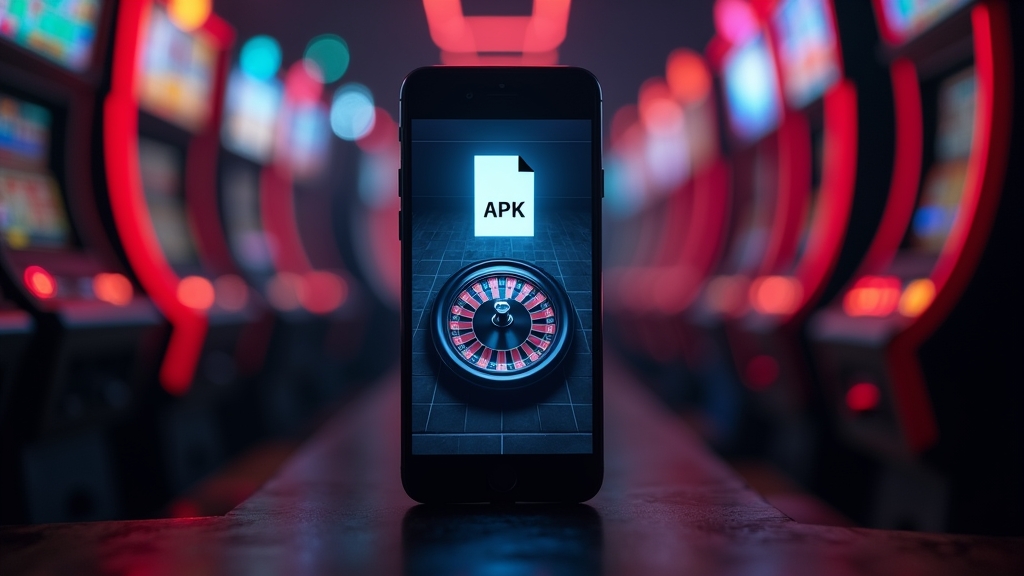 Arquivo APK do app em um celular com fundo de cassino escuro e neon