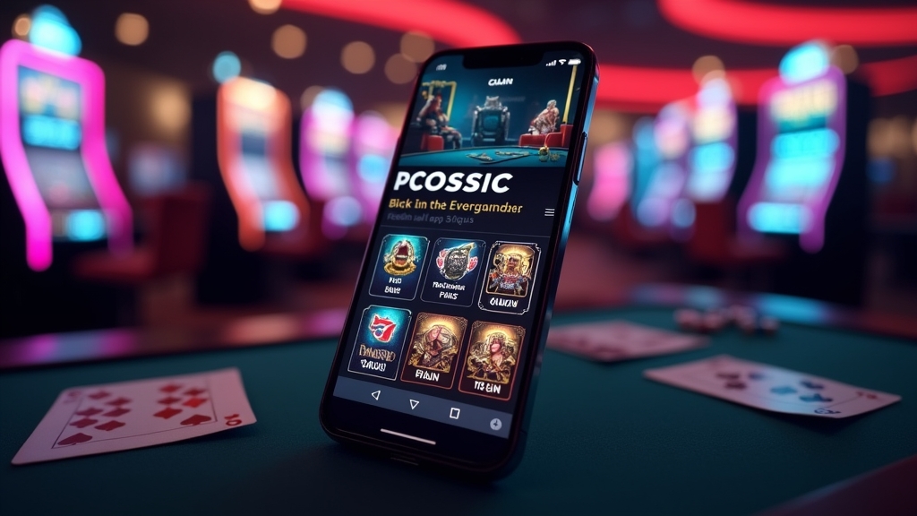 Tela de app de cassino no celular com acesso prático em ambiente escuro e neon