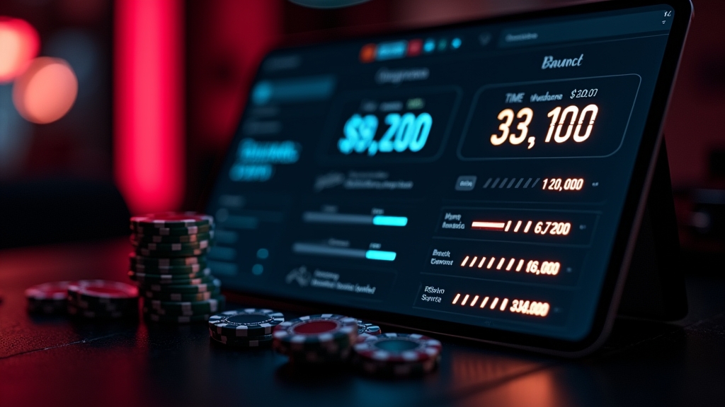 Painel de prazos e limites de payout em ambiente de cassino escuro